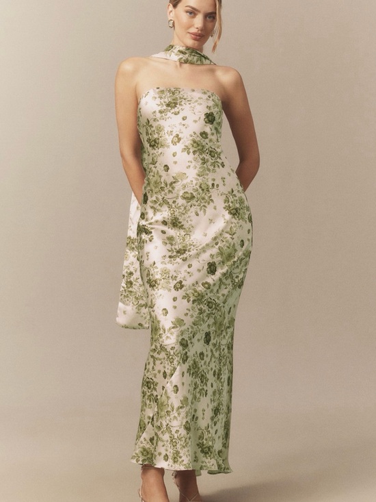 Anthropologie Dresses & Skirts - Anthropologie Strapless White Satin Maxi Dress with Green Floral Print and Scarf